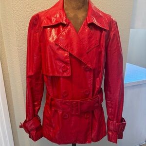 Vintage Dana Buchman Polyurethane Coated Linen Red Trench Coat